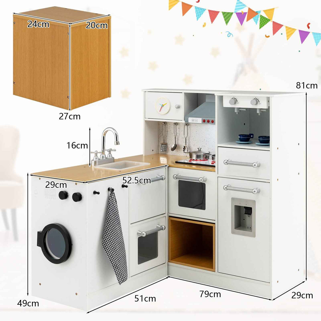 Wooden Kids Kitchen Playset with Light & Sound Stove, Stool, and Icemaker
