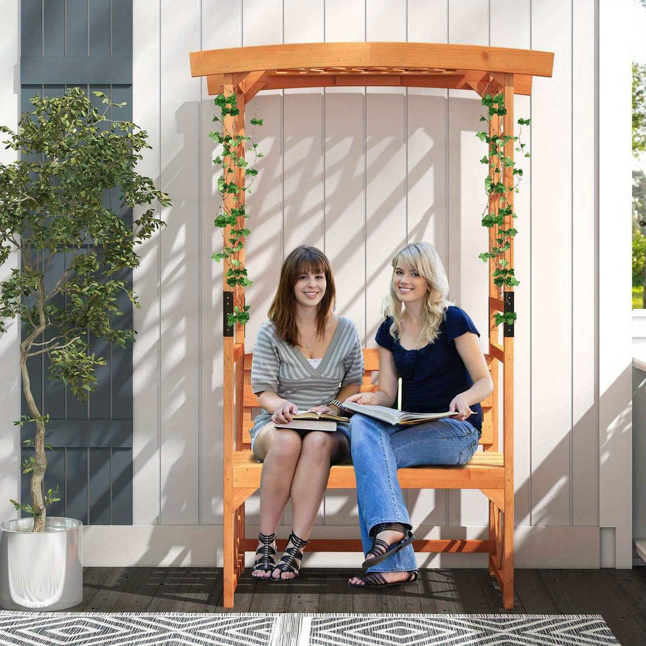 Patio Garden Arch Archway 2-Seat Wooden Bench w/ 2 Trellises & Pergola