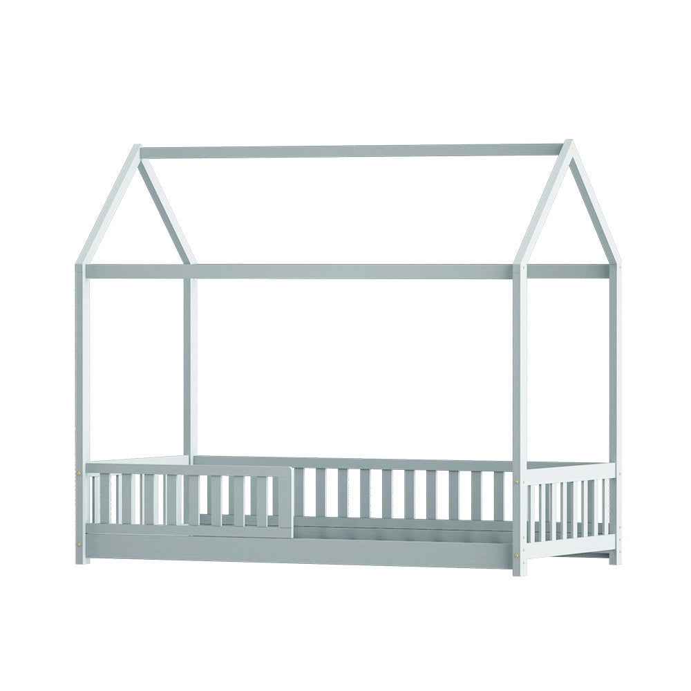 Grey Solid Pine House Toddler Bed Frame for Kids - Slatted Base & Storage Shelf