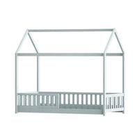 Thumbnail for Grey Solid Pine House Toddler Bed Frame for Kids - Slatted Base & Storage Shelf