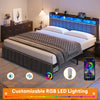 Industrial Grey Fabric  Metal Bed Frame with 2 Drawers LED Headboard  Charging Station   DoubleQueenKing Size
